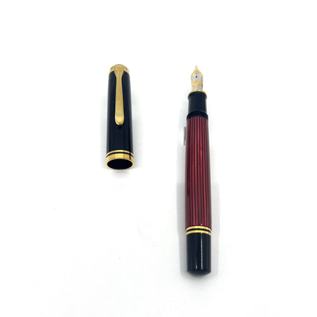 Pelikan M800 Black/Red Striped Fountain Pen - The Original! - Fine 18kt Gold Nib