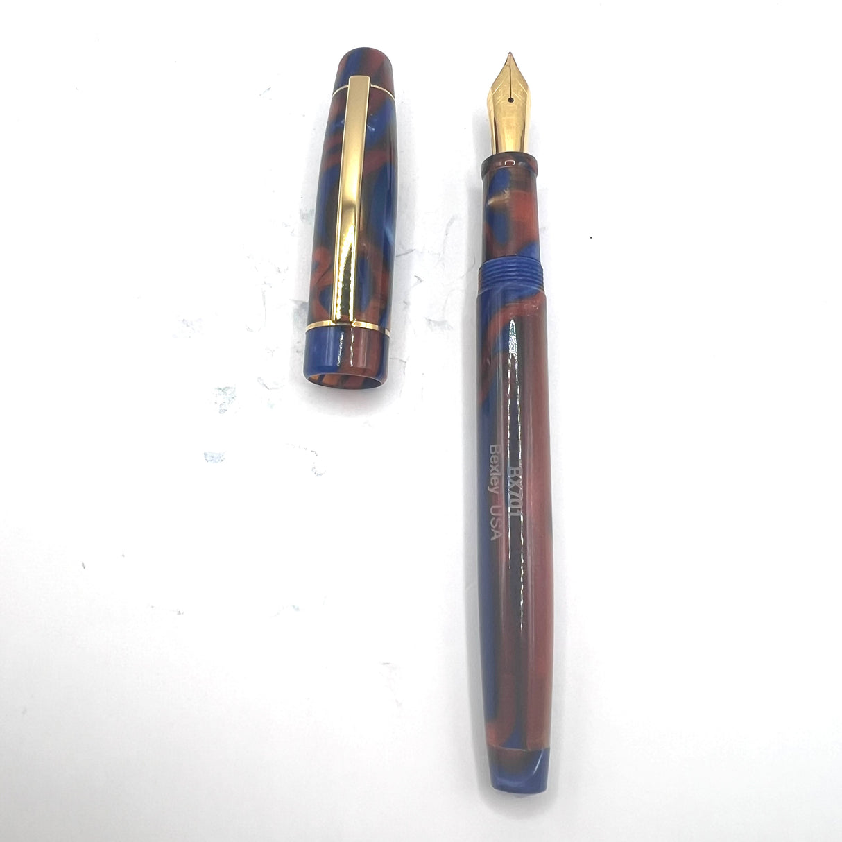 Bexley BX701  Lustrous Blue & Amber Swirl Fountain Pen   - Medium Gold-Plated Nib