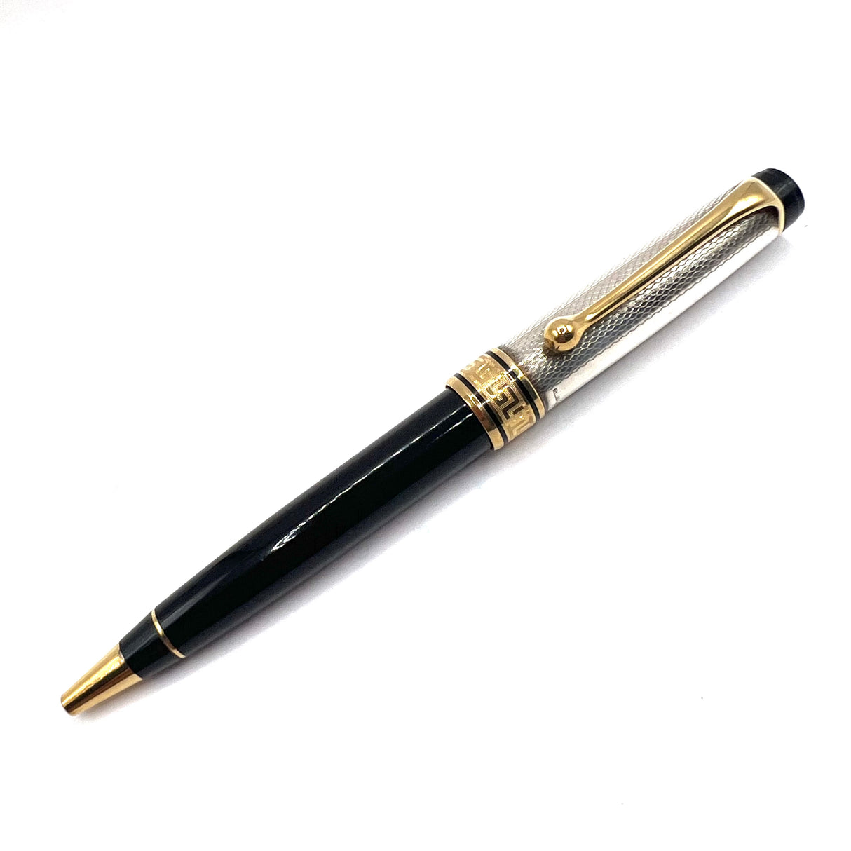 Aurora Optima Sterling Silver Guilloche Cap/Black Resin Barrel Ballpoint Pen