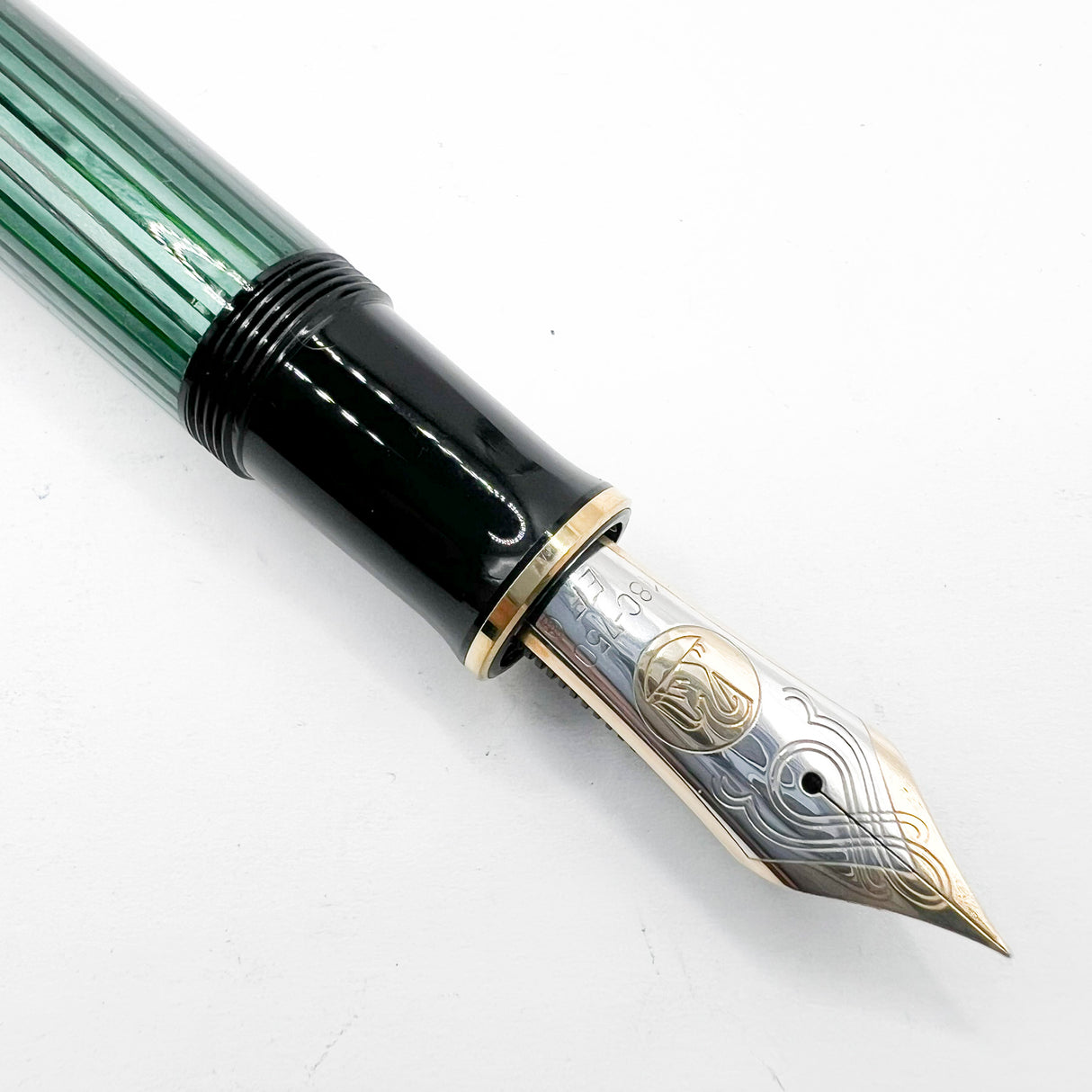 Pelikan Early Souveran M1000 Green Striped Barrel/Black Cap Fountain Pen  - Extra Fine 18C Gold Nib