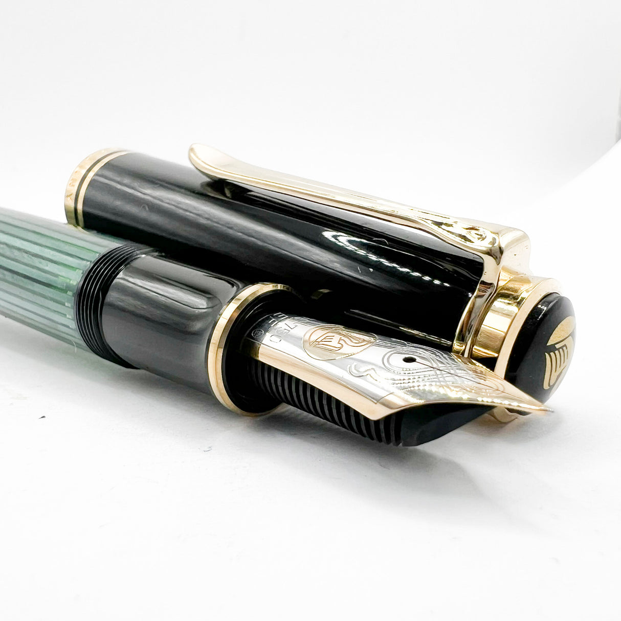 Pelikan Early Souveran M1000 Green Striped Barrel/Black Cap Fountain Pen  - Extra Fine 18C Gold Nib