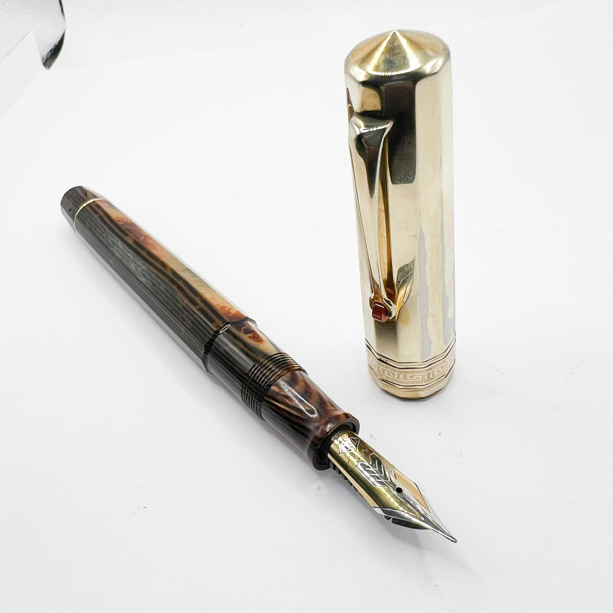 OMAS Arte Italiana Paragon Facetted Fountain Pen - Bronze Arco Celluloid Barrel/Vermeil Cap - Fine 18kt Gold Nib
