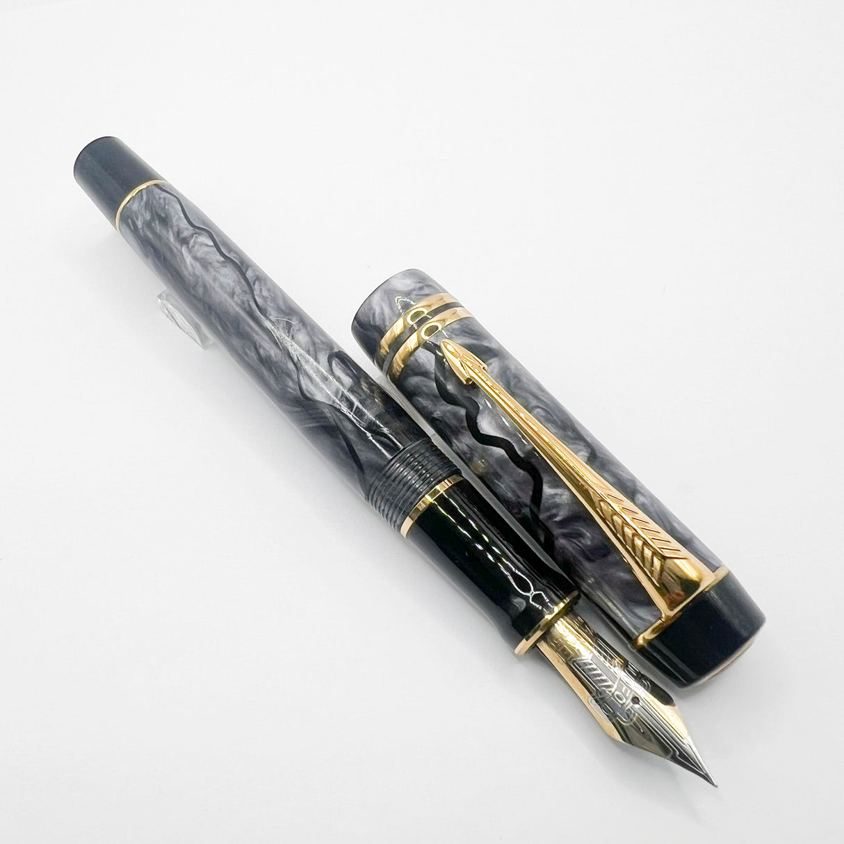 Parker Duofold Centennial (Largest) Marbled Gray, Pearl & Black Fountain Pen - Extra Fine 18kt Gold Nib