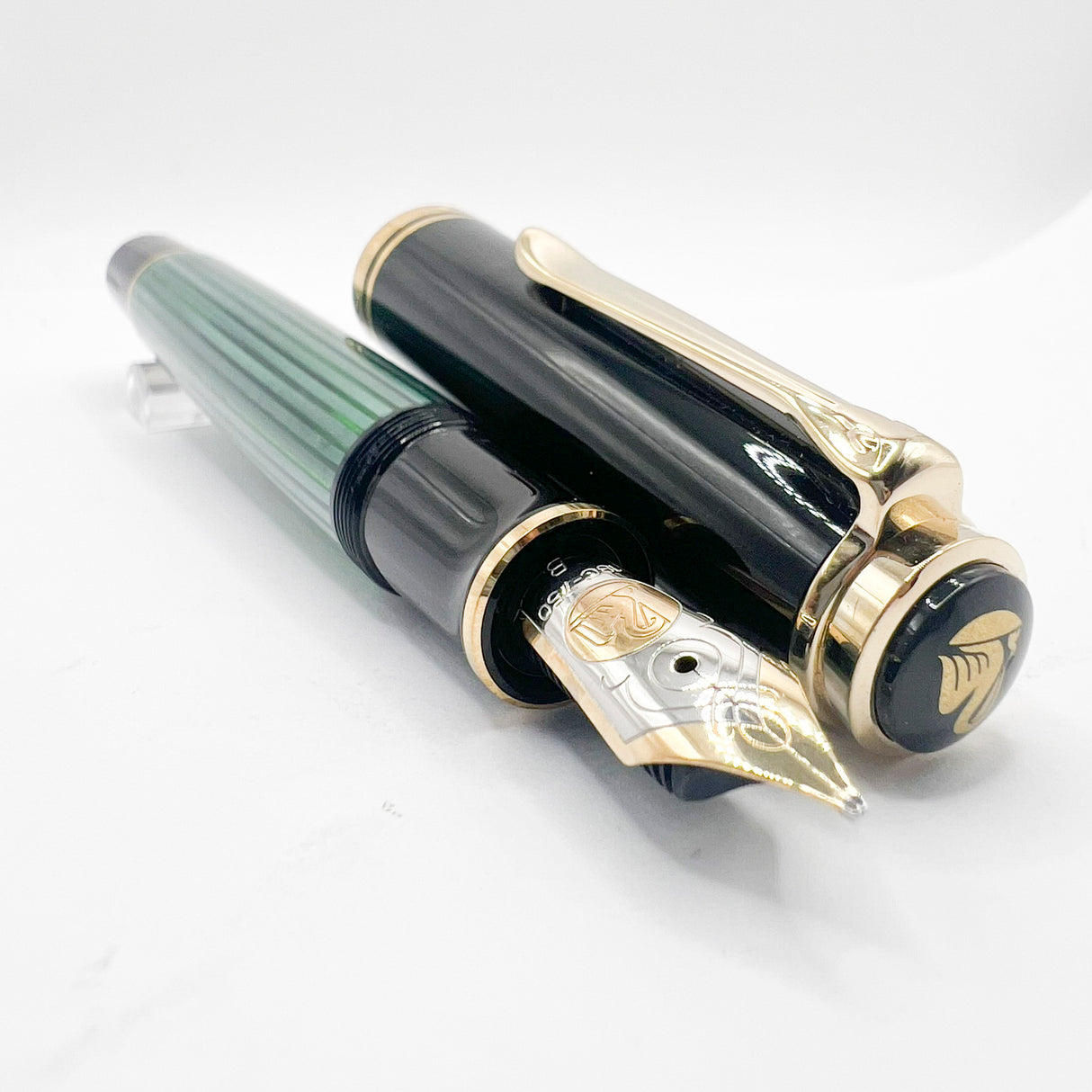 Pelikan M800 Souveran Black Cap & Green Striped Barrel Fountain Pen - Broad 18kt Gold Nib