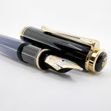 Pelikan Souveran M800 Black Cap/Blue Striped Barrel Fountain Pen - Broad 18kt Gold Nib