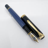 Pelikan M800 Black Cap/Blue Striped Barrel Fountain Pen - Medium 18kt Gold Nib