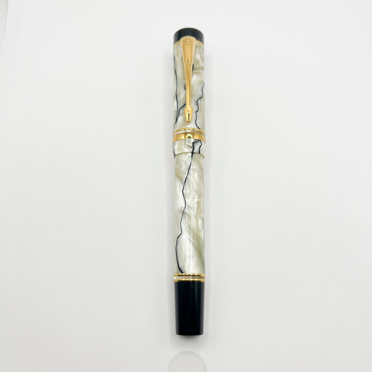 Parker Duofold Centennial (Largest) Lustrous  Pearl & Black Fountain Pen - Broad 18kt Gold Nib