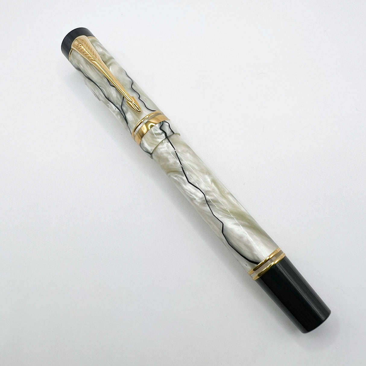 Parker Duofold Centennial (Largest) Lustrous  Pearl & Black Fountain Pen - Broad 18kt Gold Nib