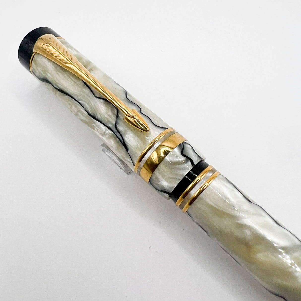 Parker Duofold Centennial (Largest) Lustrous  Pearl & Black Fountain Pen - Broad 18kt Gold Nib