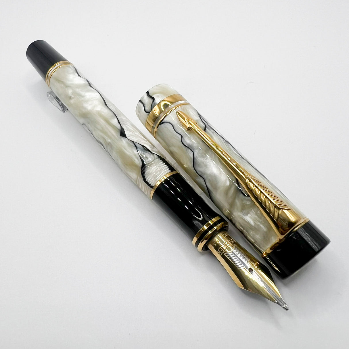 Parker Duofold Centennial (Largest) Lustrous  Pearl & Black Fountain Pen - Broad 18kt Gold Nib