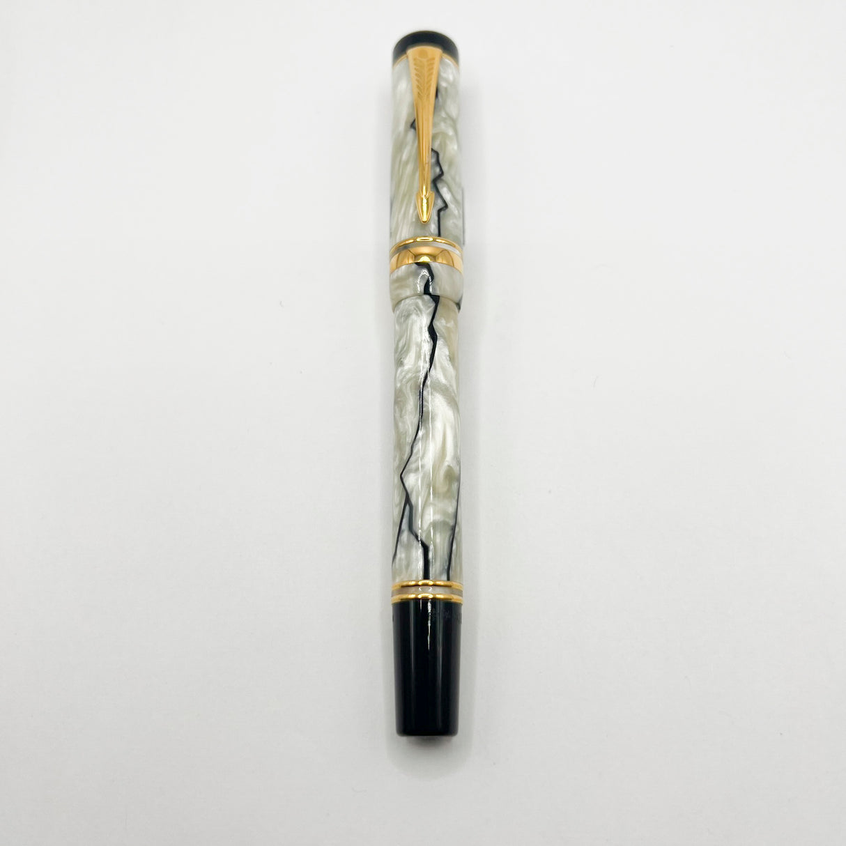 Parker Duofold International  Lustrous Pearl & Black Fountain Pen - Fine 18kt Gold Nib