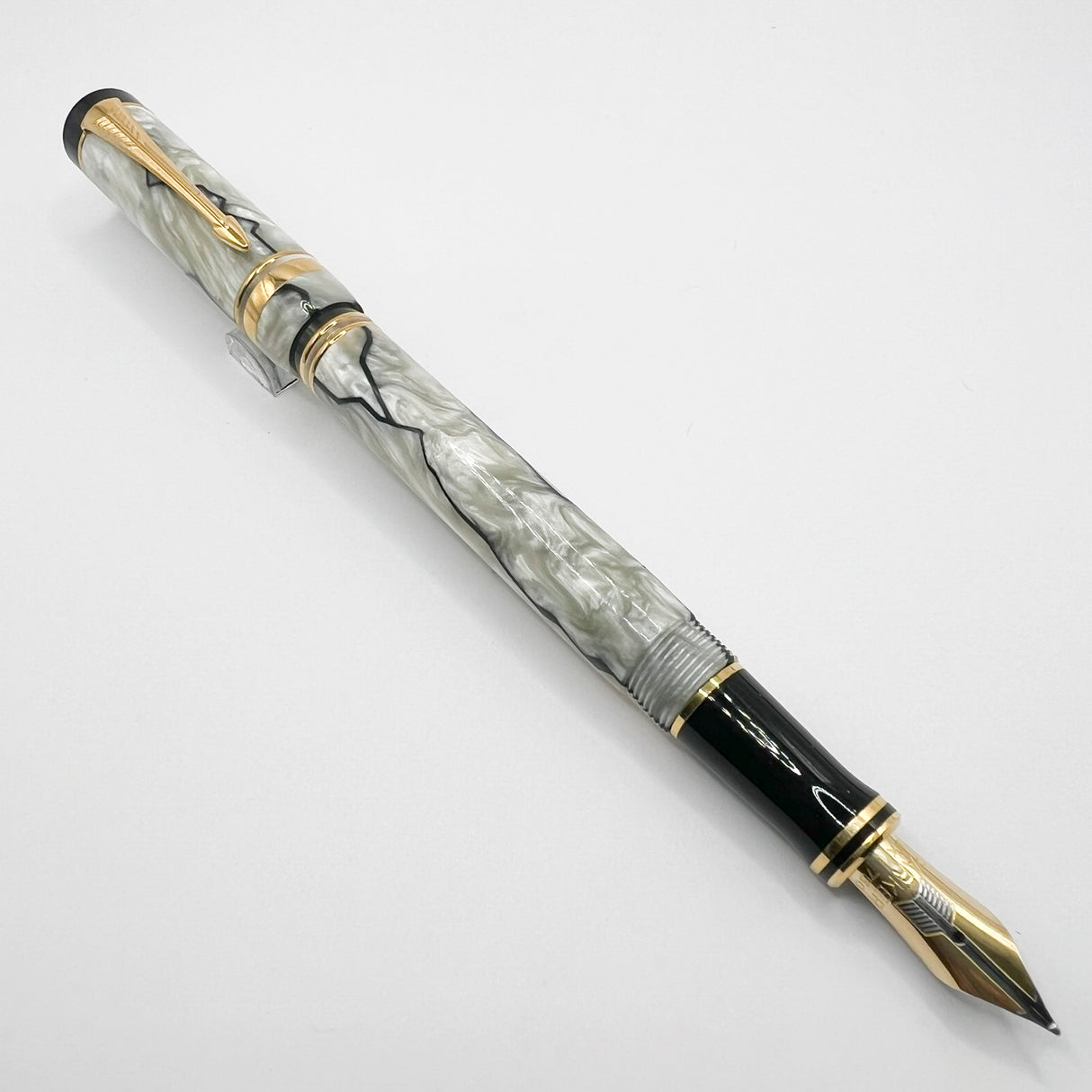Parker Duofold International  Lustrous Pearl & Black Fountain Pen - Fine 18kt Gold Nib