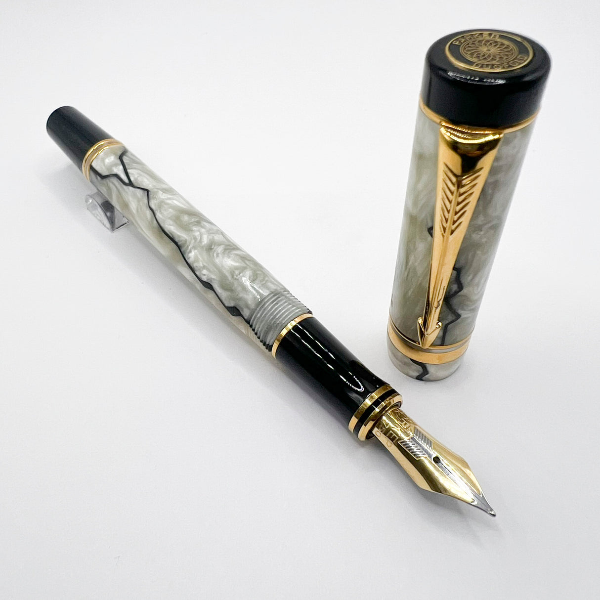 Parker Duofold International  Lustrous Pearl & Black Fountain Pen - Fine 18kt Gold Nib