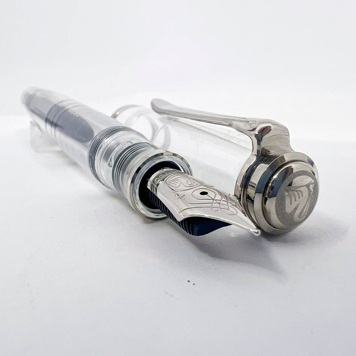 Pelikan M805 Clear Demonstrator Fountain Pen -  Names of Pen Components Engraved by Pelikan on Barrel - Extra Fine 18kt Gold Nib