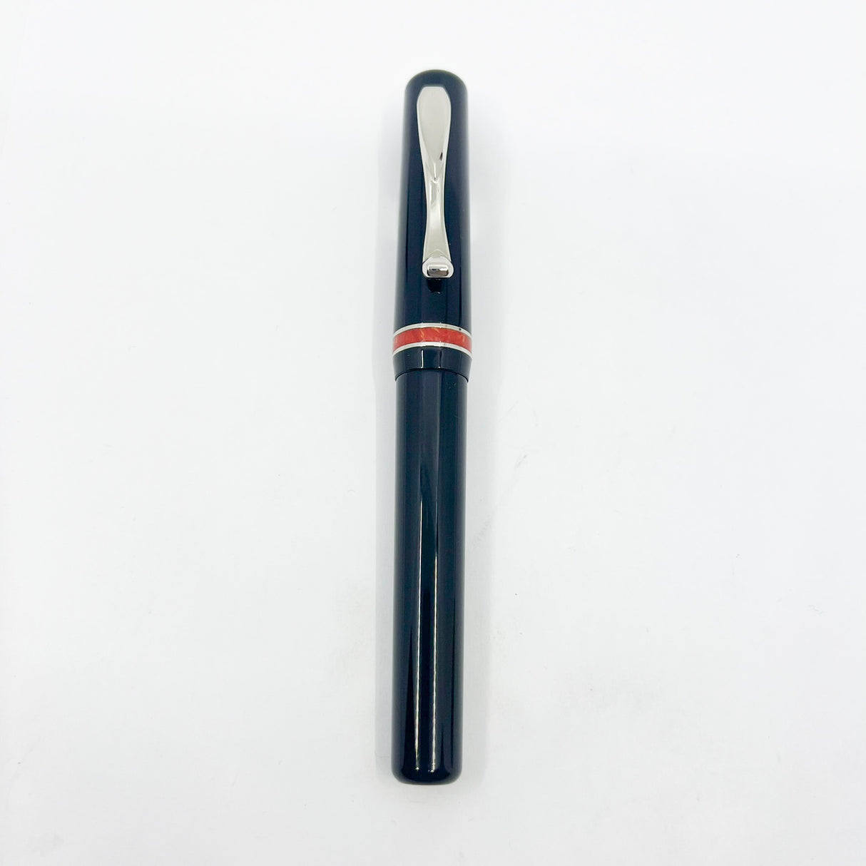 Visconti Glossy Black Resin Midnight Voyager Fountain  Pen - Two Rings of Coral Celluloid - Broad 18kt Gold Nib
