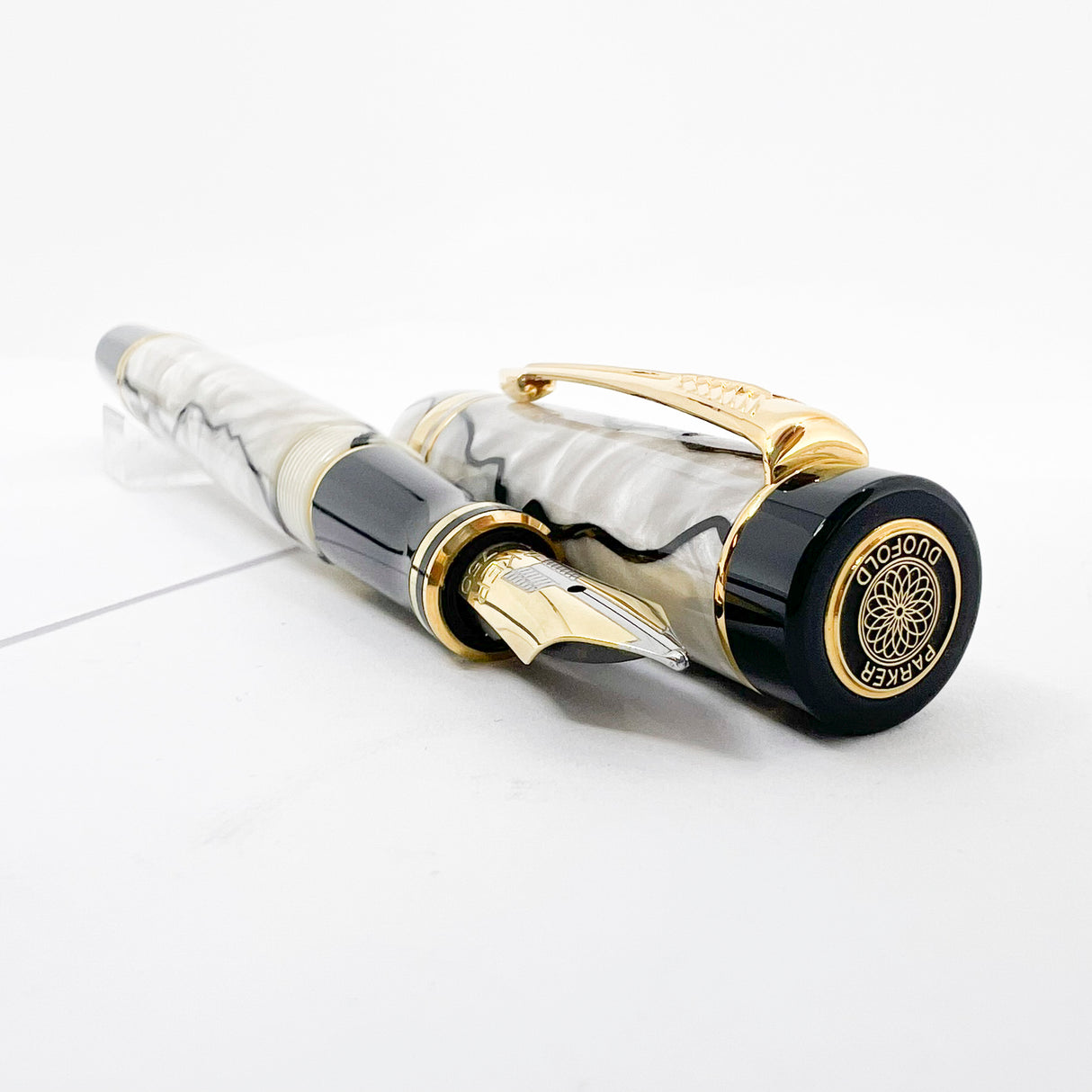 Parker Duofold International  Lustrous Pearl & Black Fountain Pen - Medium 18kt Gold Nib
