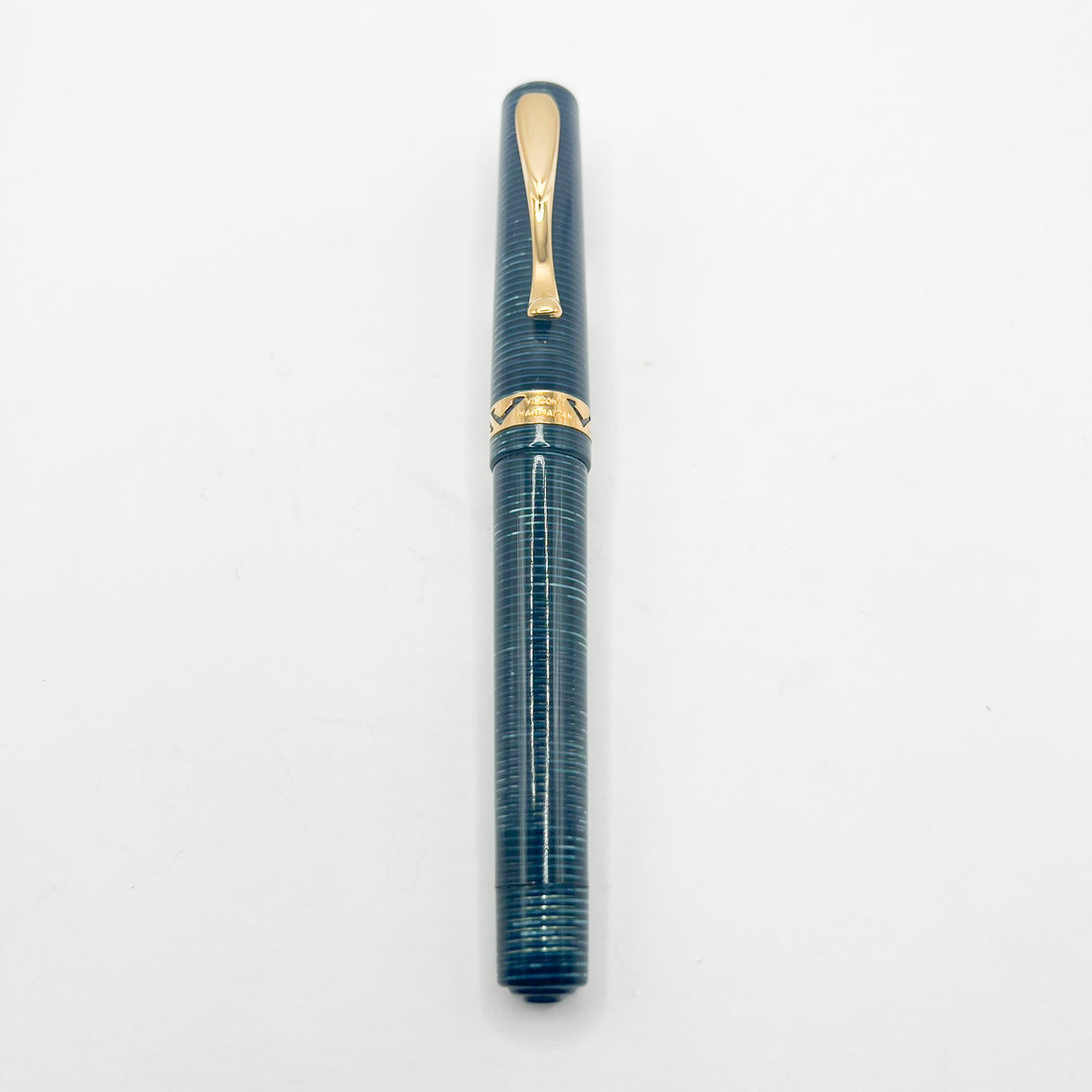 Visconti Manhattan Blue Celluloid With Scarce Cut-out Cap Band   - Fine 18kt Gold Nib