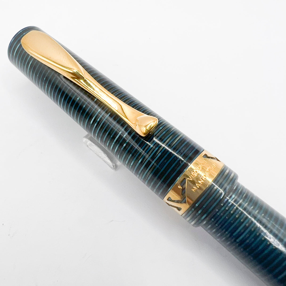 Visconti Manhattan Blue Celluloid With Scarce Cut-out Cap Band   - Fine 18kt Gold Nib