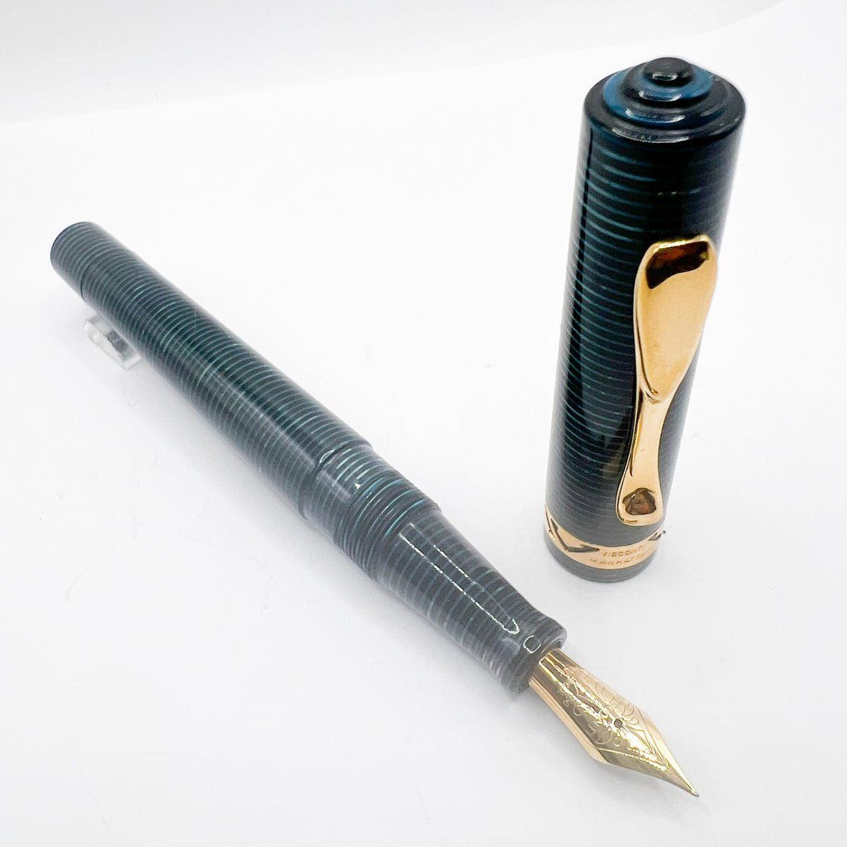 Visconti Manhattan Blue Celluloid With Scarce Cut-out Cap Band   - Fine 18kt Gold Nib