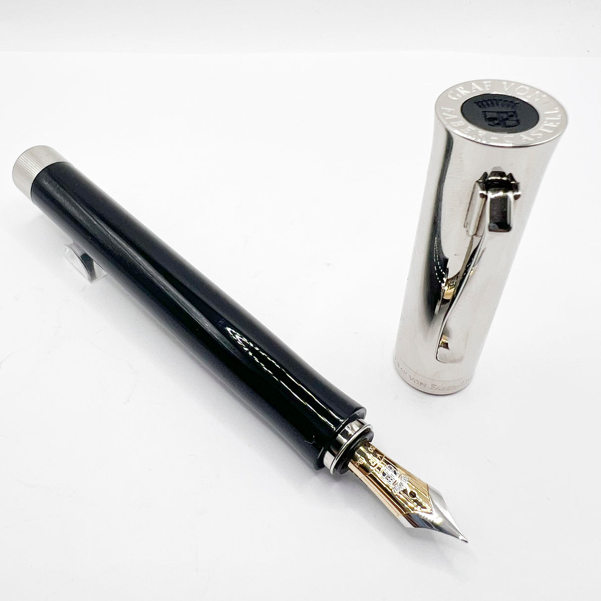 Graf von Faber Castell Intuition Fountain Pen - Chrome Cap/Black Smooth Resin Barrel - Fine 18kt Gold Nib