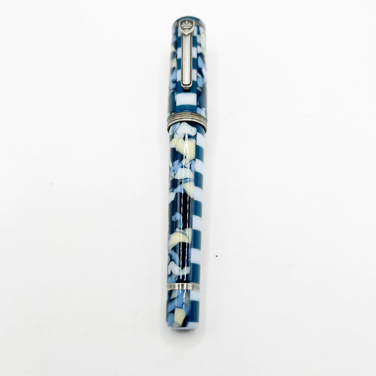 Krone Dissonance in Alternating Marbled  Blue &  Block Motif Fountain Pen - Medium 18 Kt Gold Nib - Exceedingly Funky!