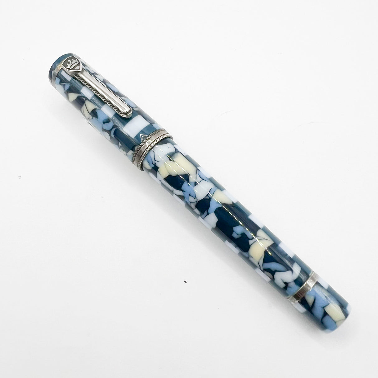 Krone Dissonance in Alternating Marbled  Blue &  Block Motif Fountain Pen - Medium 18 Kt Gold Nib - Exceedingly Funky!
