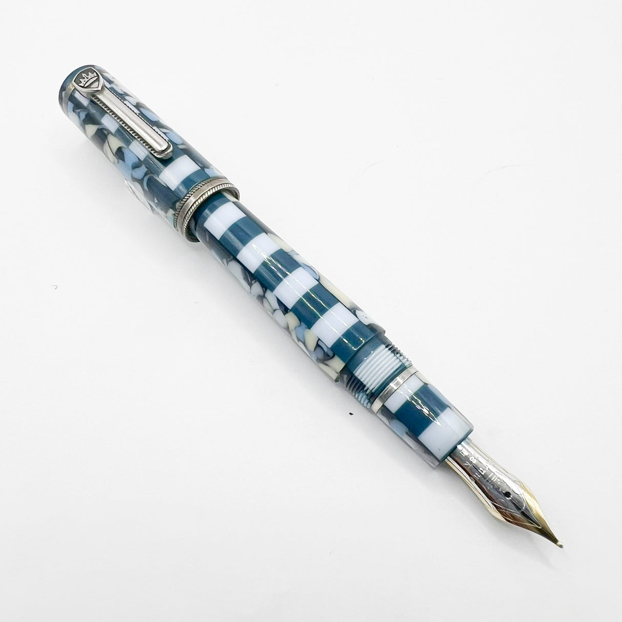 Krone Dissonance in Alternating Marbled  Blue &  Block Motif Fountain Pen - Medium 18 Kt Gold Nib - Exceedingly Funky!