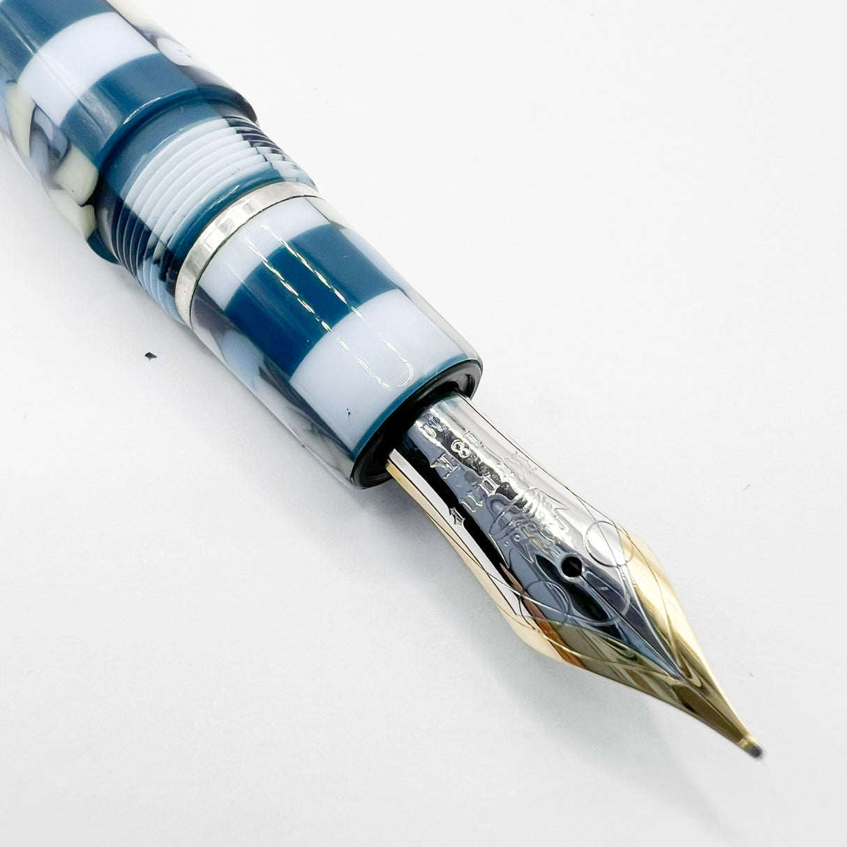 Krone Dissonance in Alternating Marbled  Blue &  Block Motif Fountain Pen - Medium 18 Kt Gold Nib - Exceedingly Funky!