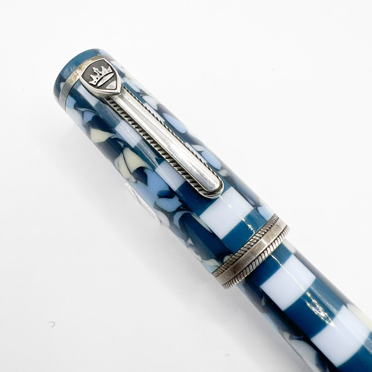 Krone Dissonance in Alternating Marbled  Blue &  Block Motif Fountain Pen - Medium 18 Kt Gold Nib - Exceedingly Funky!