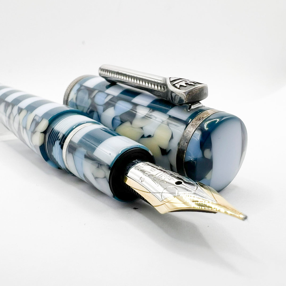 Krone Dissonance in Alternating Marbled  Blue &  Block Motif Fountain Pen - Medium 18 Kt Gold Nib - Exceedingly Funky!