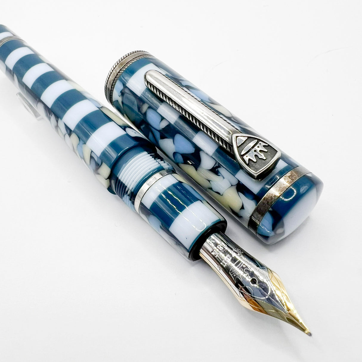 Krone Dissonance in Alternating Marbled  Blue &  Block Motif Fountain Pen - Medium 18 Kt Gold Nib - Exceedingly Funky!