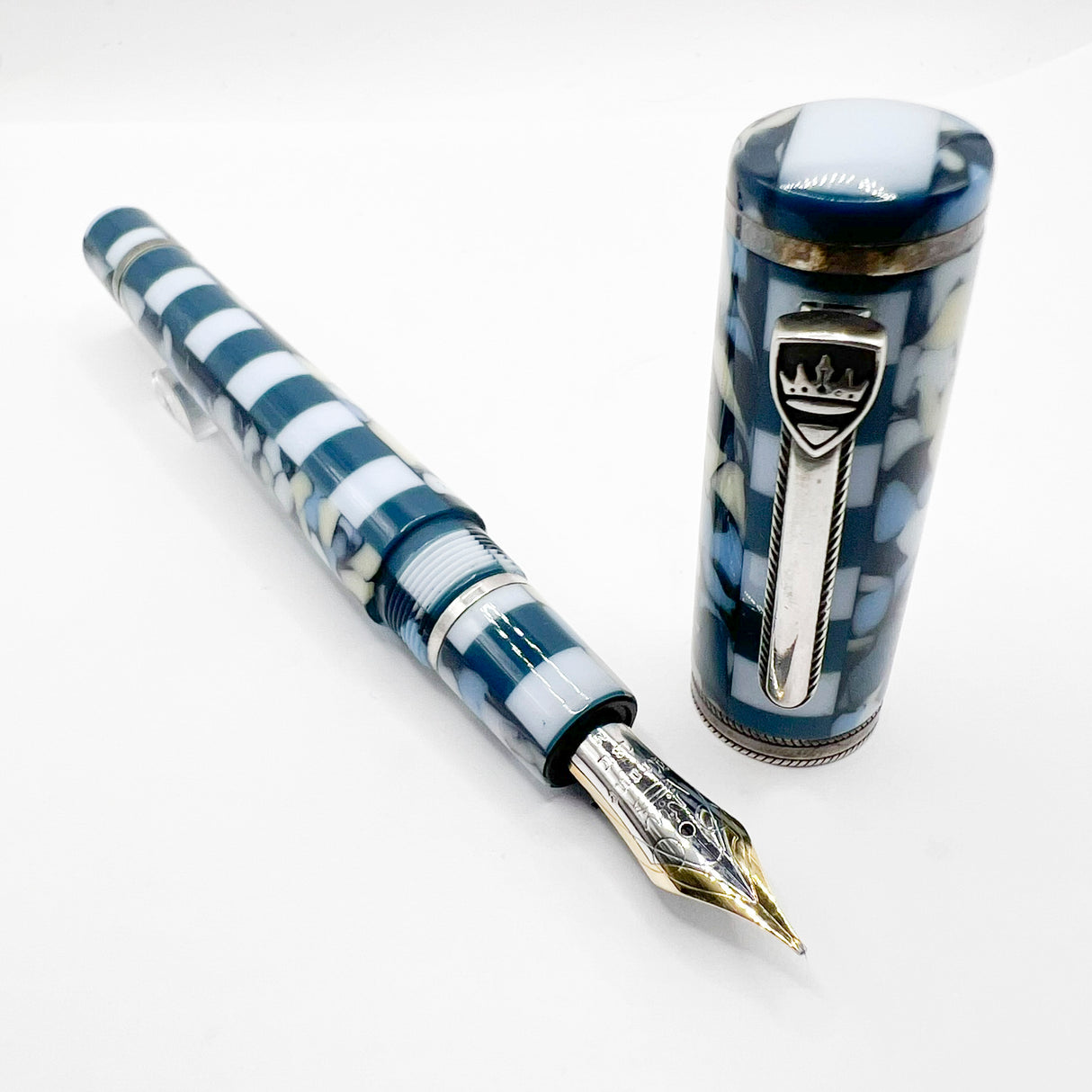 Krone Dissonance in Alternating Marbled  Blue &  Block Motif Fountain Pen - Medium 18 Kt Gold Nib - Exceedingly Funky!