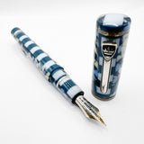 Krone Dissonance in Alternating Marbled  Blue &  Block Motif Fountain Pen - Medium 18 Kt Gold Nib - Exceedingly Funky!
