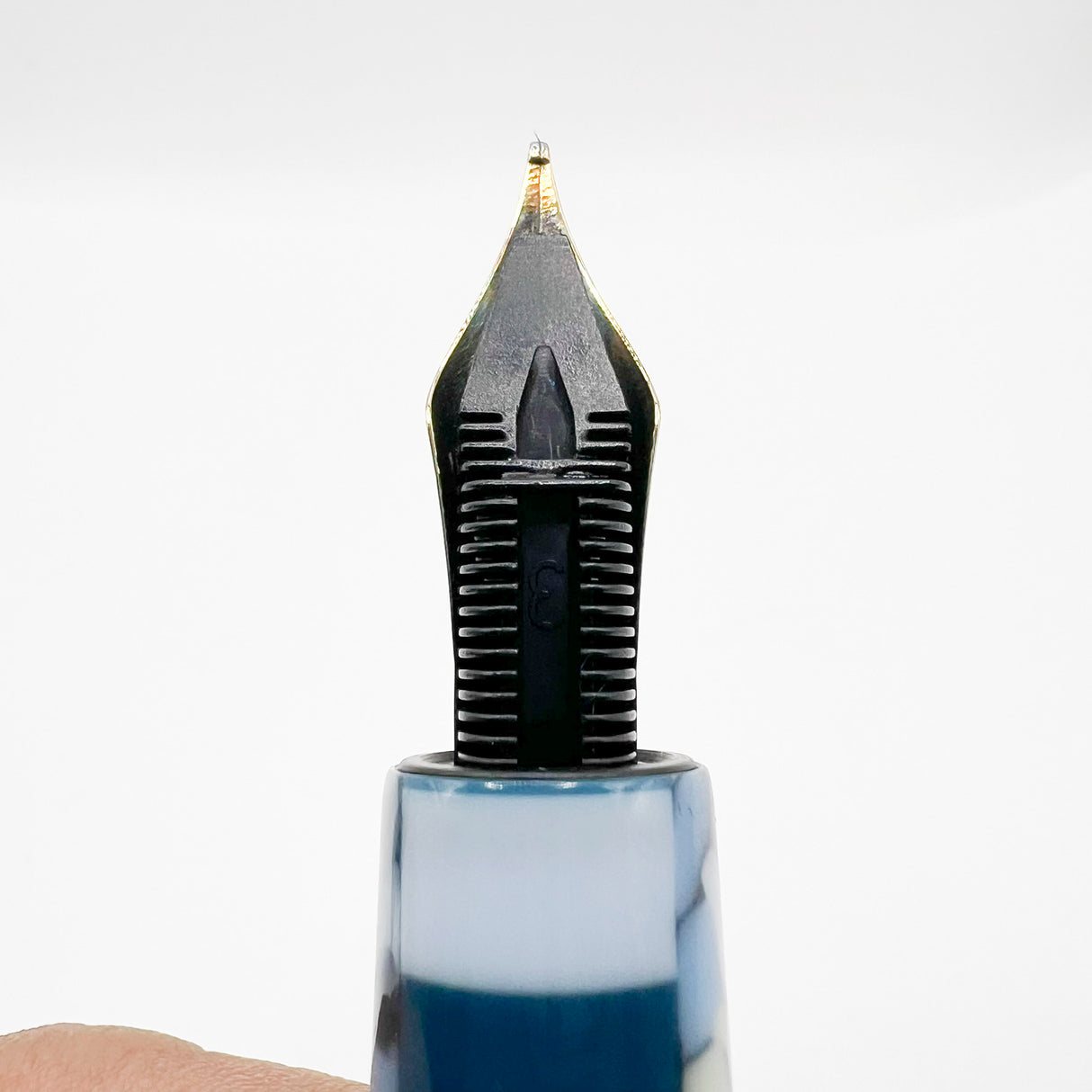 Krone Dissonance in Alternating Marbled  Blue &  Block Motif Fountain Pen - Medium 18 Kt Gold Nib - Exceedingly Funky!