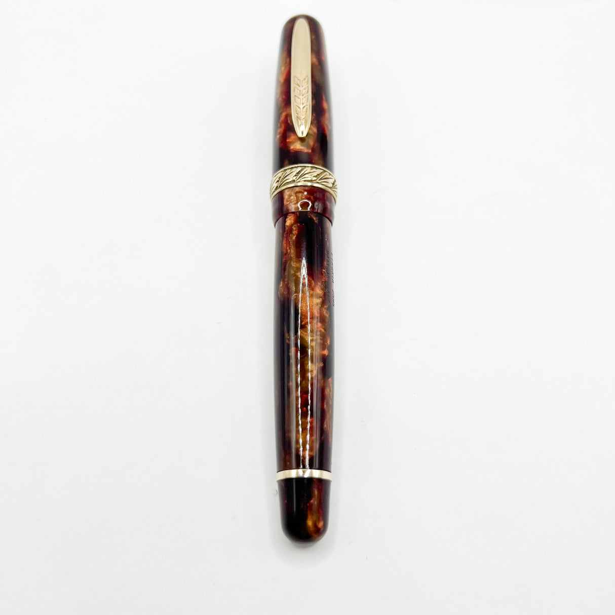 Stipula Early Etruria Variegated Burgundy & Amber Celluloid Fountain Pen- 9kt Gold Cap Band & Trim  -   Fine 18Kt Gold Nib