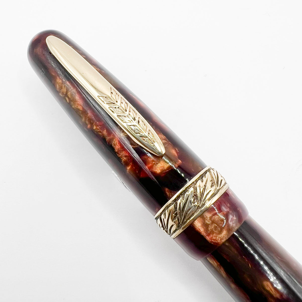 Stipula Early Etruria Variegated Burgundy & Amber Celluloid Fountain Pen- 9kt Gold Cap Band & Trim  -   Fine 18Kt Gold Nib