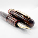Stipula Early Etruria Variegated Burgundy & Amber Celluloid Fountain Pen- 9kt Gold Cap Band & Trim  -   Fine 18Kt Gold Nib