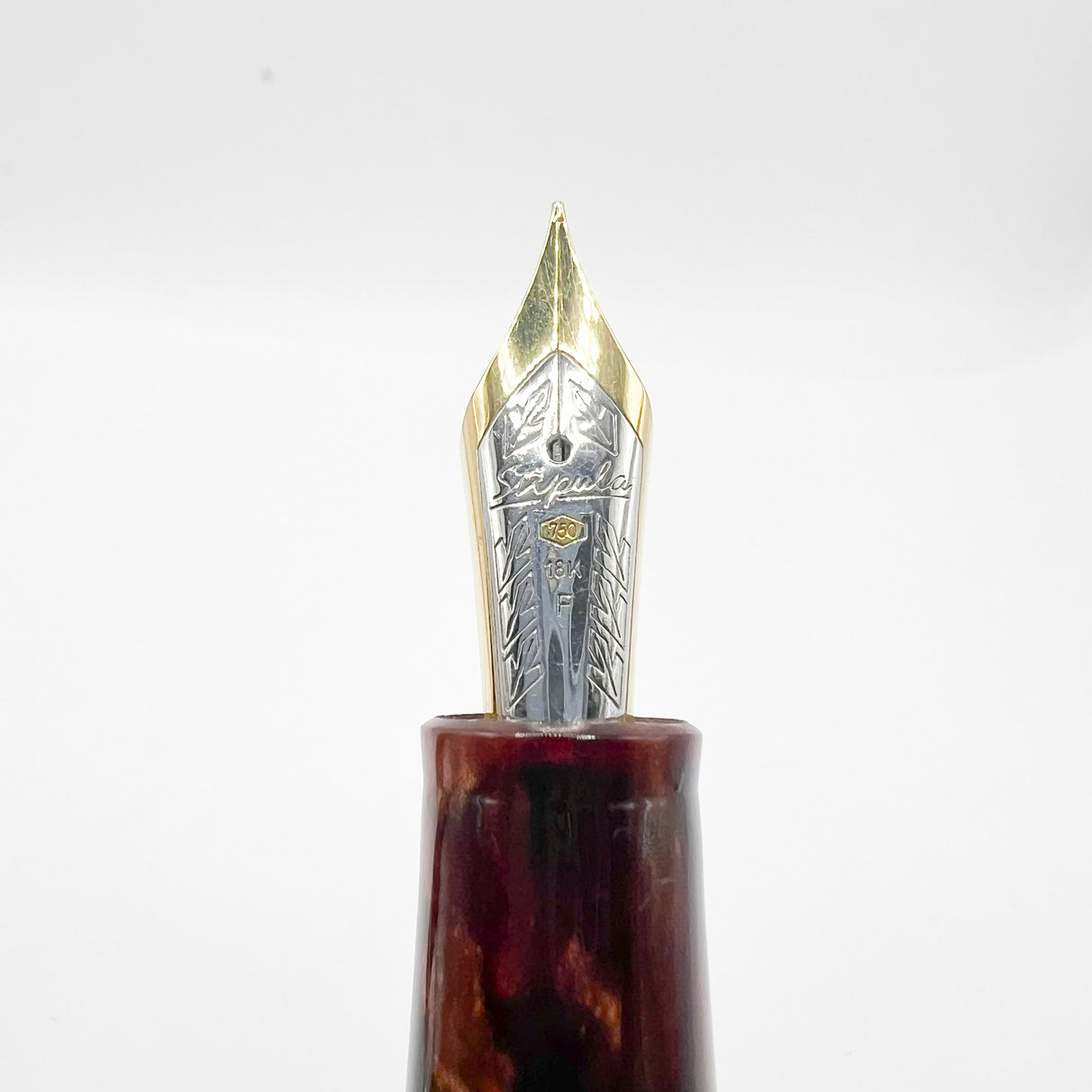Stipula Early Etruria Variegated Burgundy & Amber Celluloid Fountain Pen- 9kt Gold Cap Band & Trim  -   Fine 18Kt Gold Nib