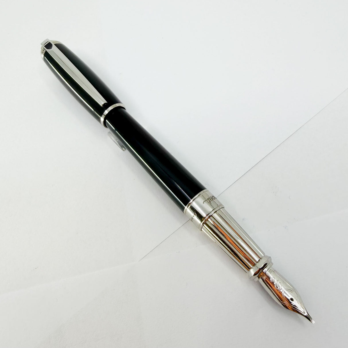 S. T. Dupont  Line D  Eternity Black Lacquer Large Size  Fountain Pen - Palladium Plated Trim - Broad 14kt Gold Nib