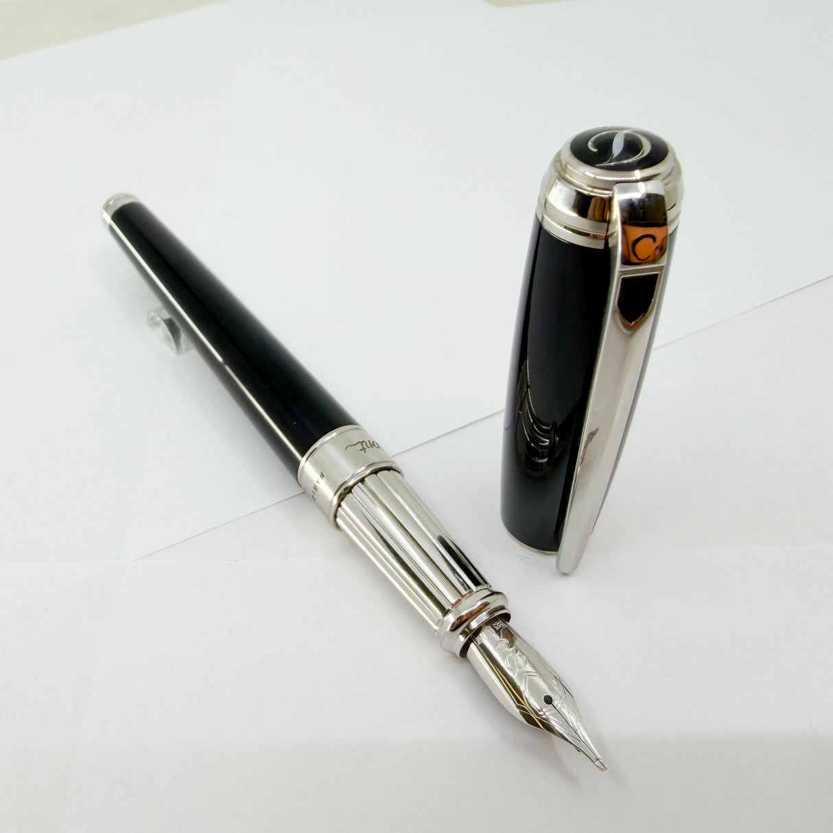 S. T. Dupont  Line D  Eternity Black Lacquer Large Size  Fountain Pen - Palladium Plated Trim - Broad 14kt Gold Nib