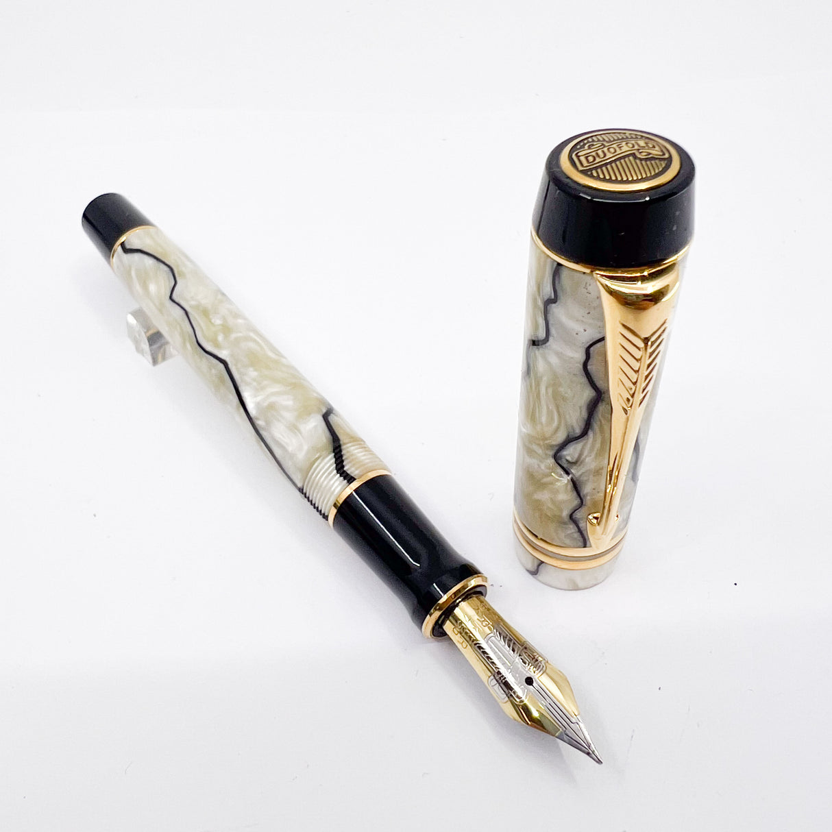 Parker Duofold Centennial (Largest Size) Black & Pearl Fountain Pen  - Fine 18kt Gold Nib