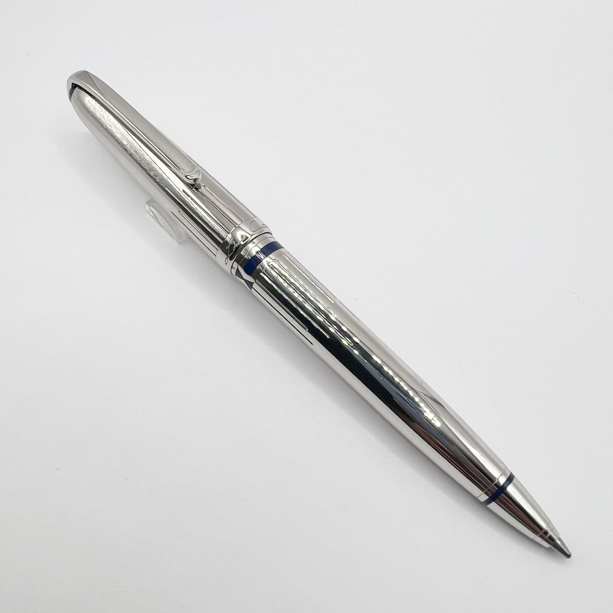Cartier Art Deco Limited Edition Platinum Plated Ballpoint Pen with Blue Lacquer Accents