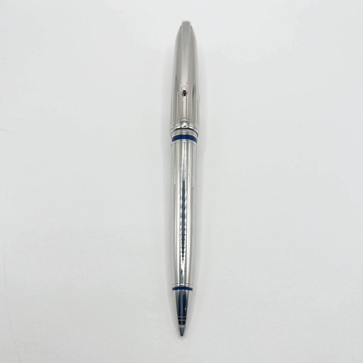 Cartier Art Deco Limited Edition Platinum Plated Ballpoint Pen with Blue Lacquer Accents