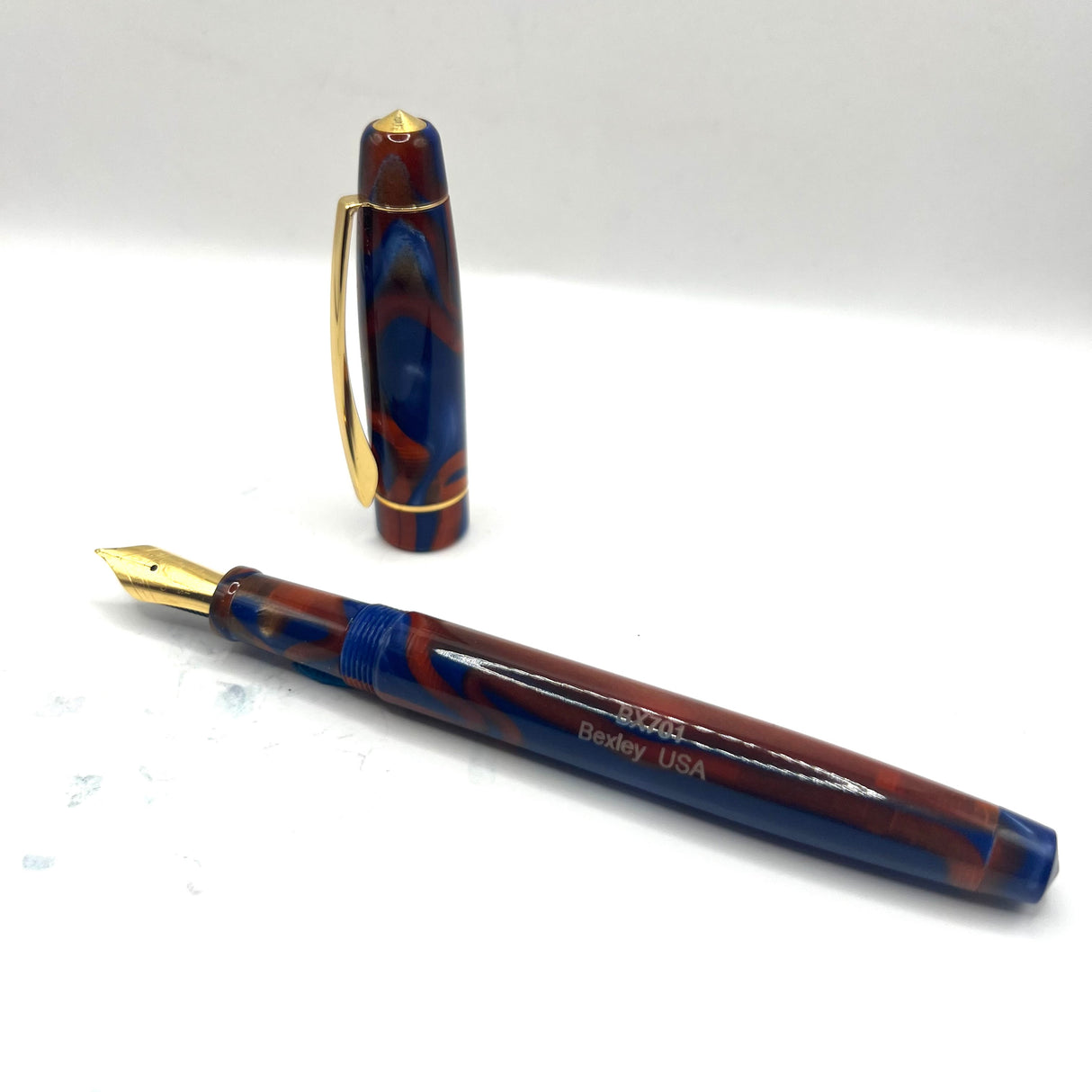 Bexley BX701  Lustrous Blue & Amber Swirl Fountain Pen   - Medium Gold-Plated Nib
