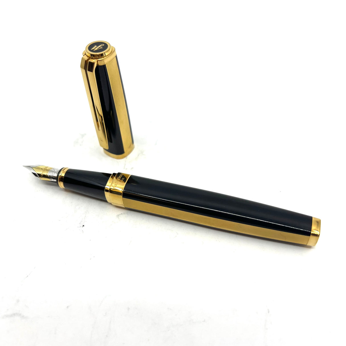 Waterman Oversized Exception Black Fountain Pen - 4-Sided Body  with 2 Sides of Gold-Plated Stripes