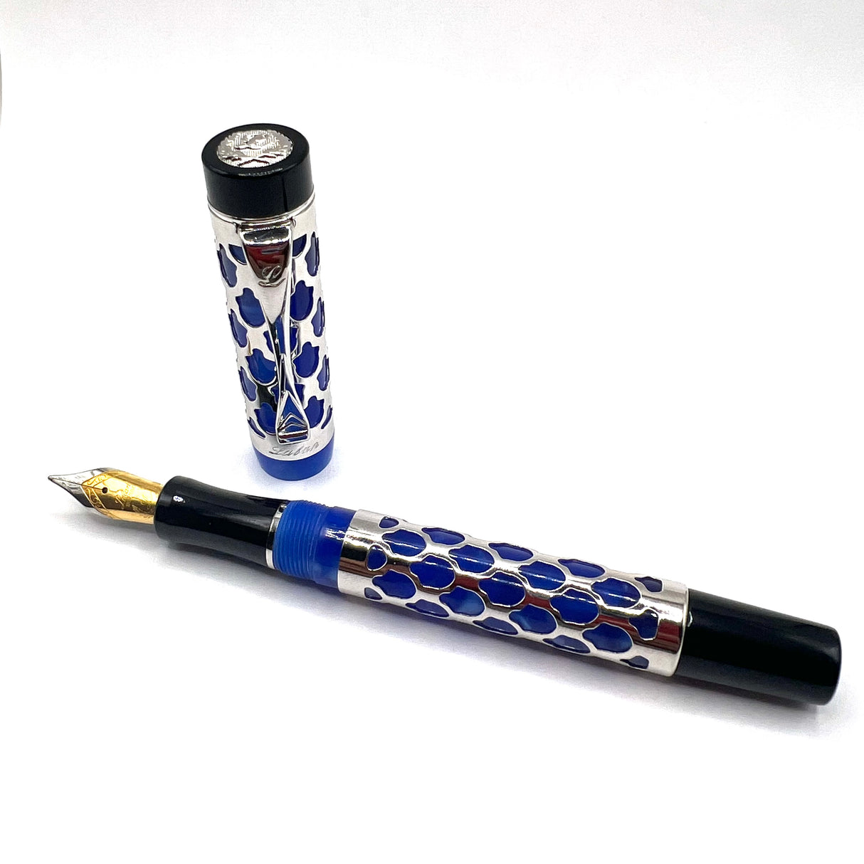 Laban Sterling Silver Filigree over Lustrous Blue Marble Resin Fountain Pen - Broad Gold-Plated & Steel Nib