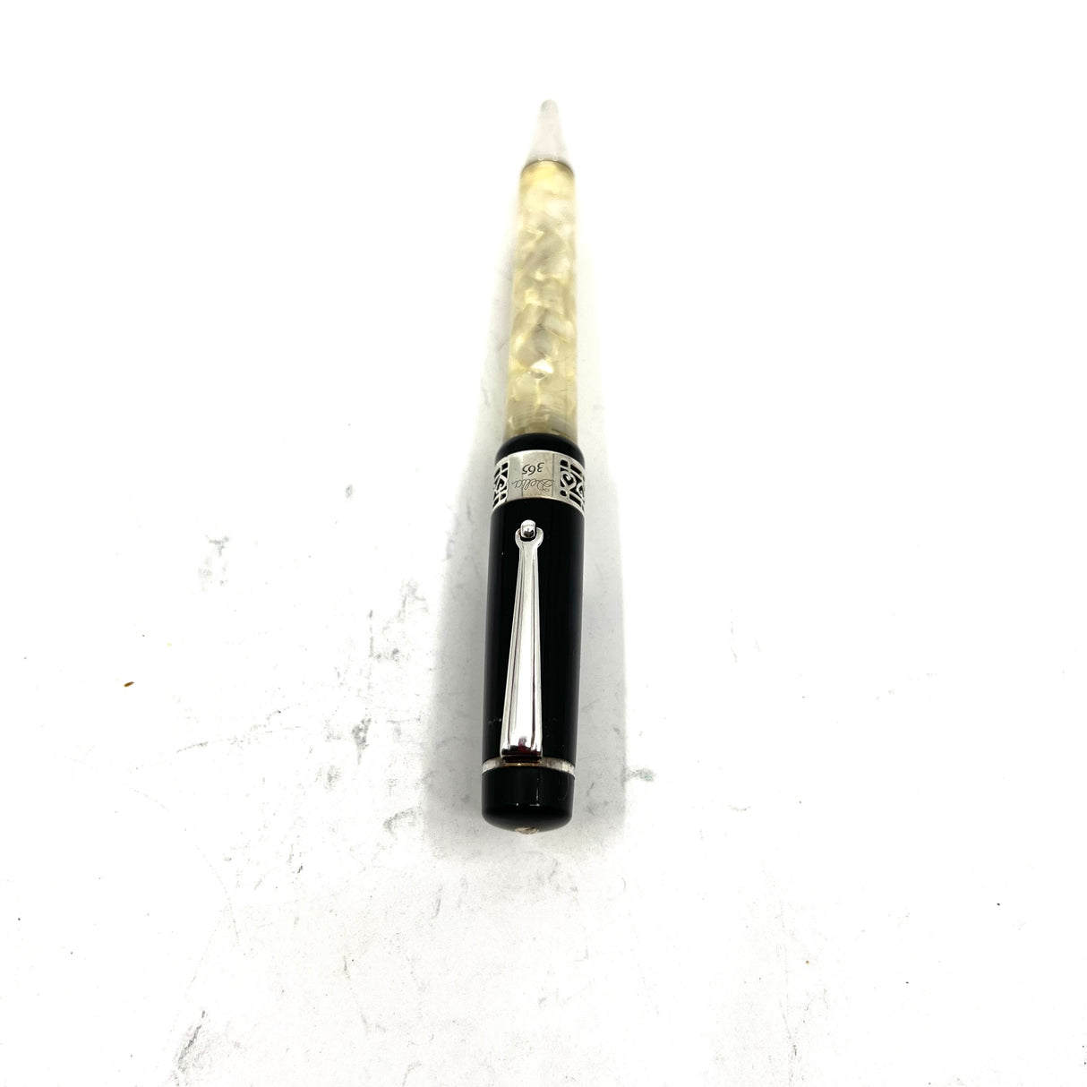 Delta #365 Ballpoint Pen - Lustrous White Marbled Barrel/Black  Cap