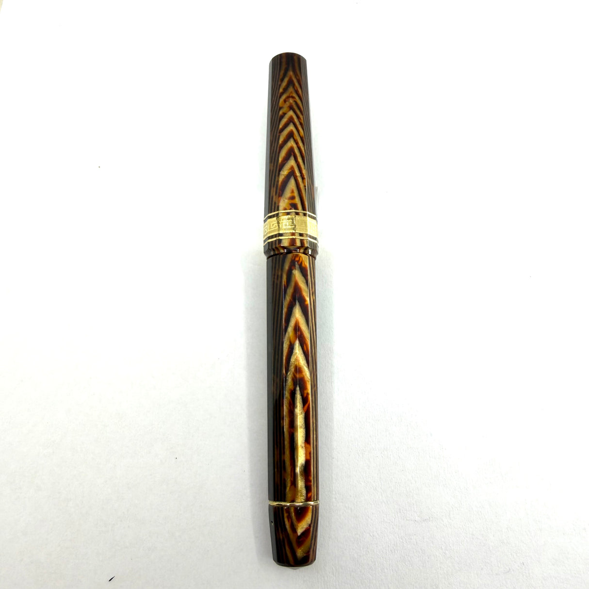 OMAS Paragon Extra/Original Body Style Facetted Arco Bronze Celluloid Fountain Pen in EXQUISITE ULTRA RARE  SPINA/FISHBONE PATTERN - Fine 18kt Gold Nib - Factory Dated 1992 on Grip Section