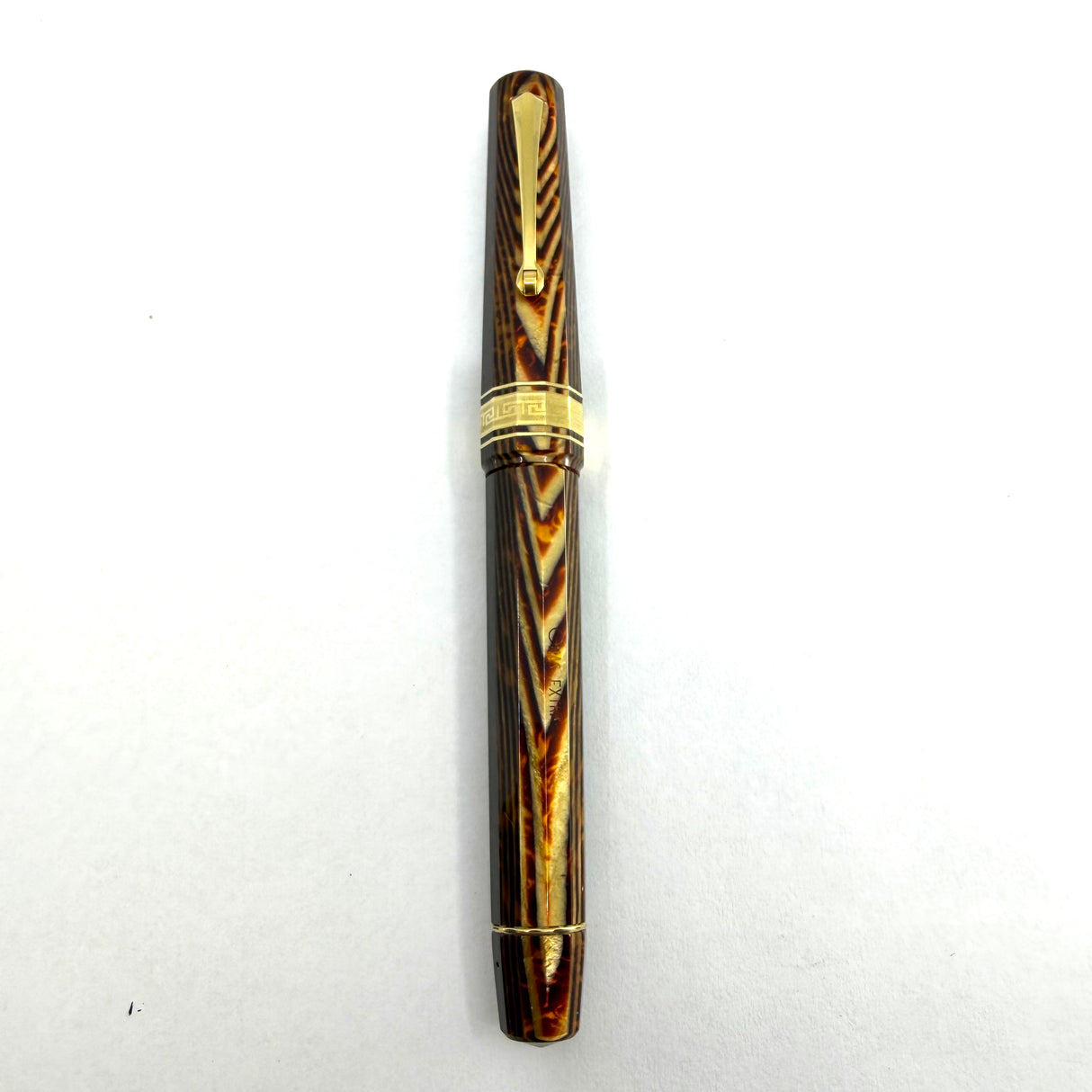 OMAS Paragon Extra/Original Body Style Facetted Arco Bronze Celluloid Fountain Pen in EXQUISITE ULTRA RARE  SPINA/FISHBONE PATTERN - Fine 18kt Gold Nib - Factory Dated 1992 on Grip Section