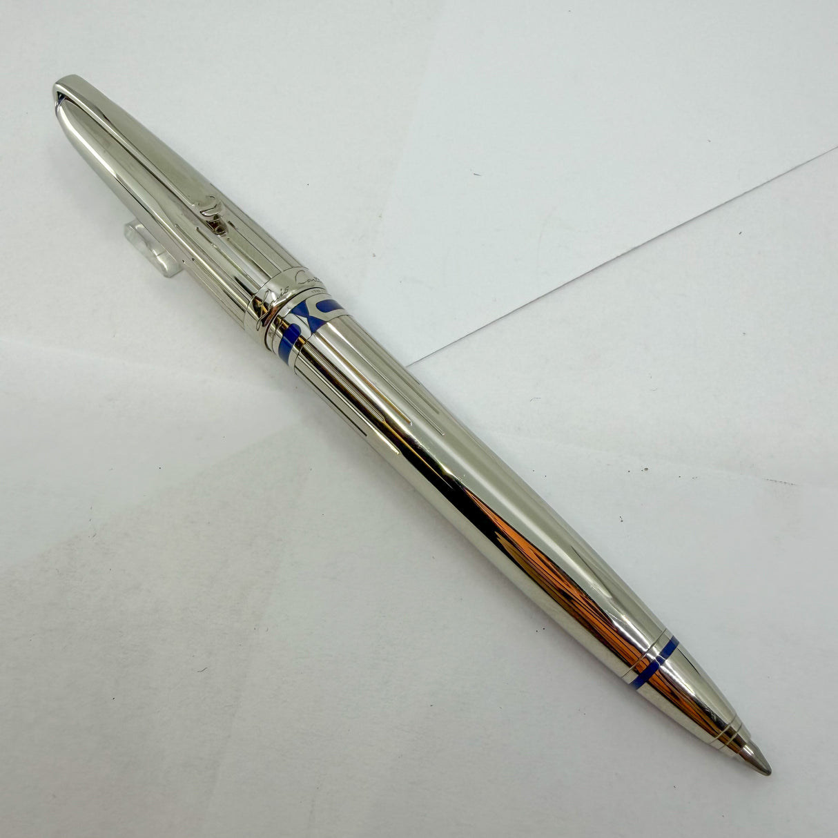 Cartier Art Deco Limited Edition Platinum Plated Ballpoint Pen with Blue Lacquer Accents